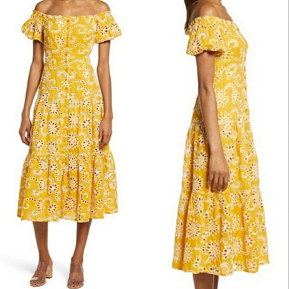 Floret Studios Midi S Off Shoulder Tiered Button Front Smocked Boho Cottagecore